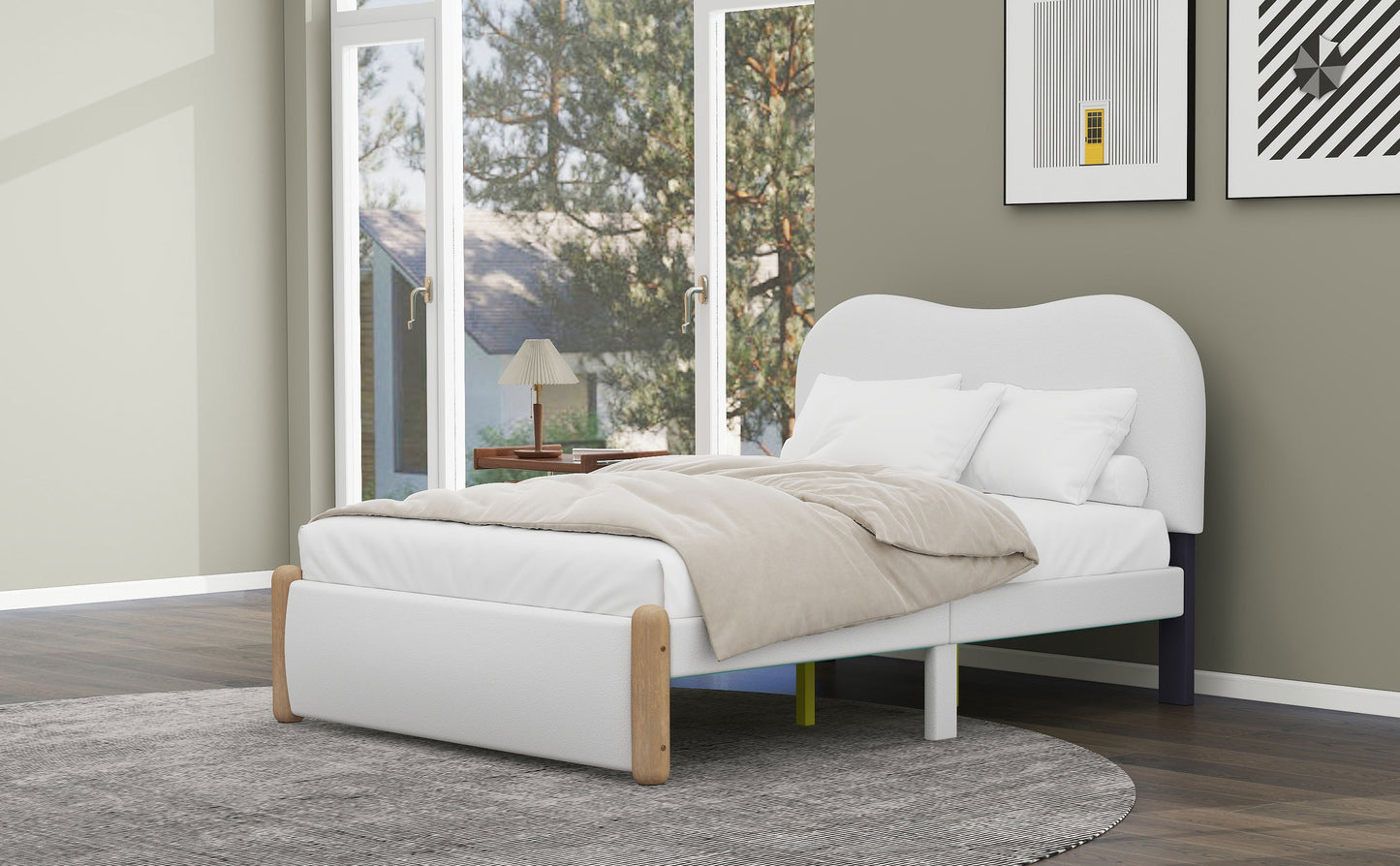 Full Size Upholstered Platform Bed with Wood Supporting Feet, White