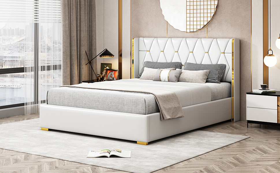 Queen Size Upholstered Platform Bed with Metal Strips, Off-white