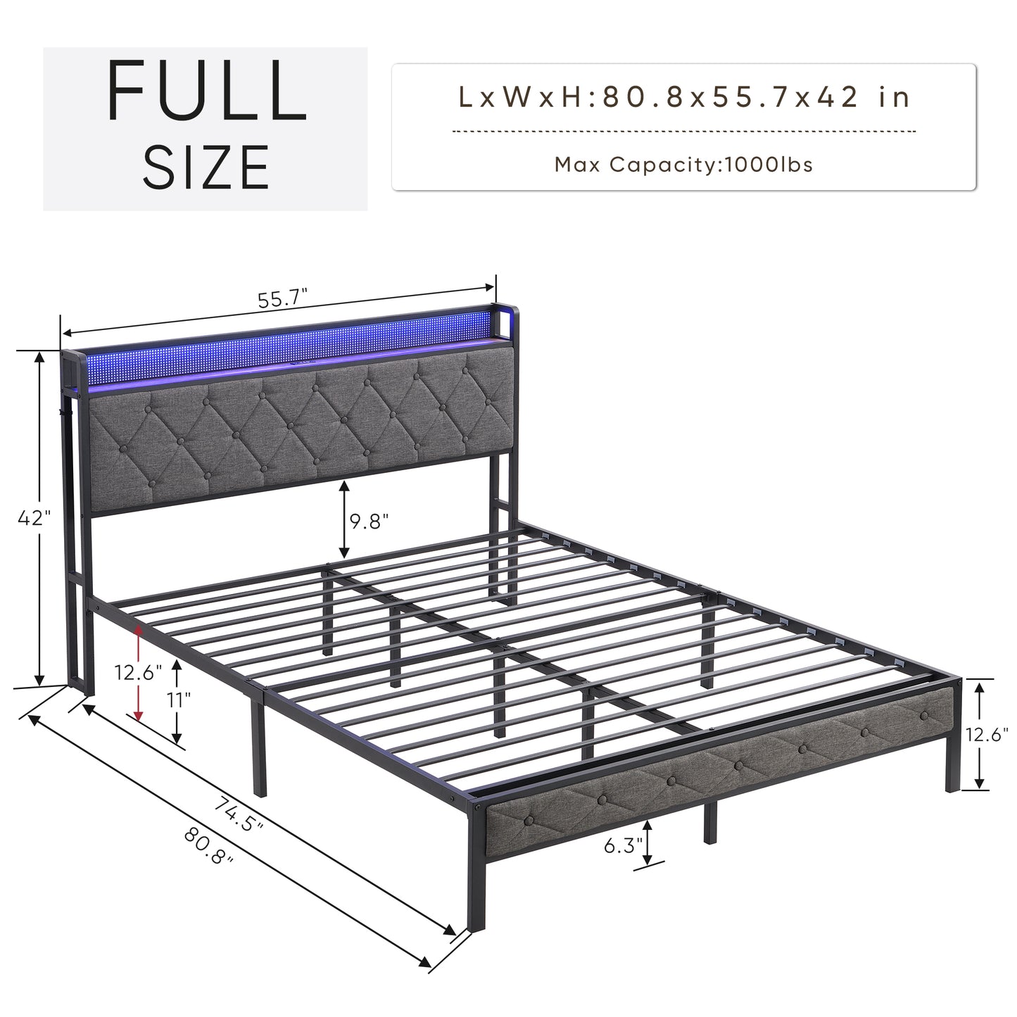 Cadre de lit complet avec tête de lit de rangement, station de charge et lumières LED, lit plateforme rembourré avec lattes en métal lourd, pas besoin de sommier, sans bruit, assemblage facile, gris foncé