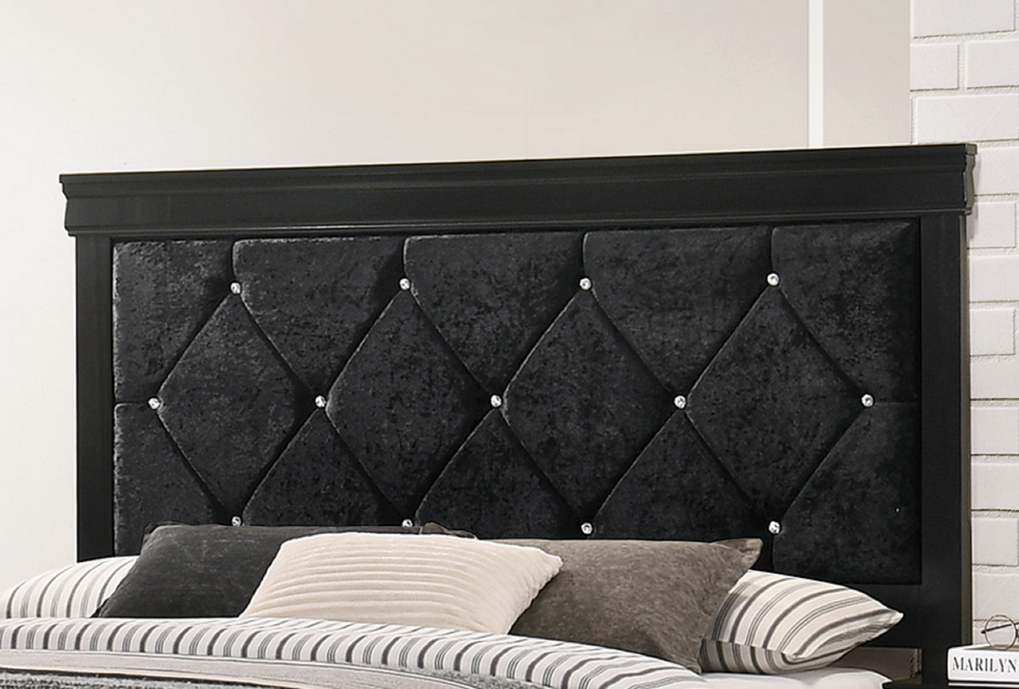 Modern 1pc Black Finish Full Size Panel Bed Wooden Fabric Upholstered Headboard Crystal-Like Button Tufted Fabric Bedroom Furniture