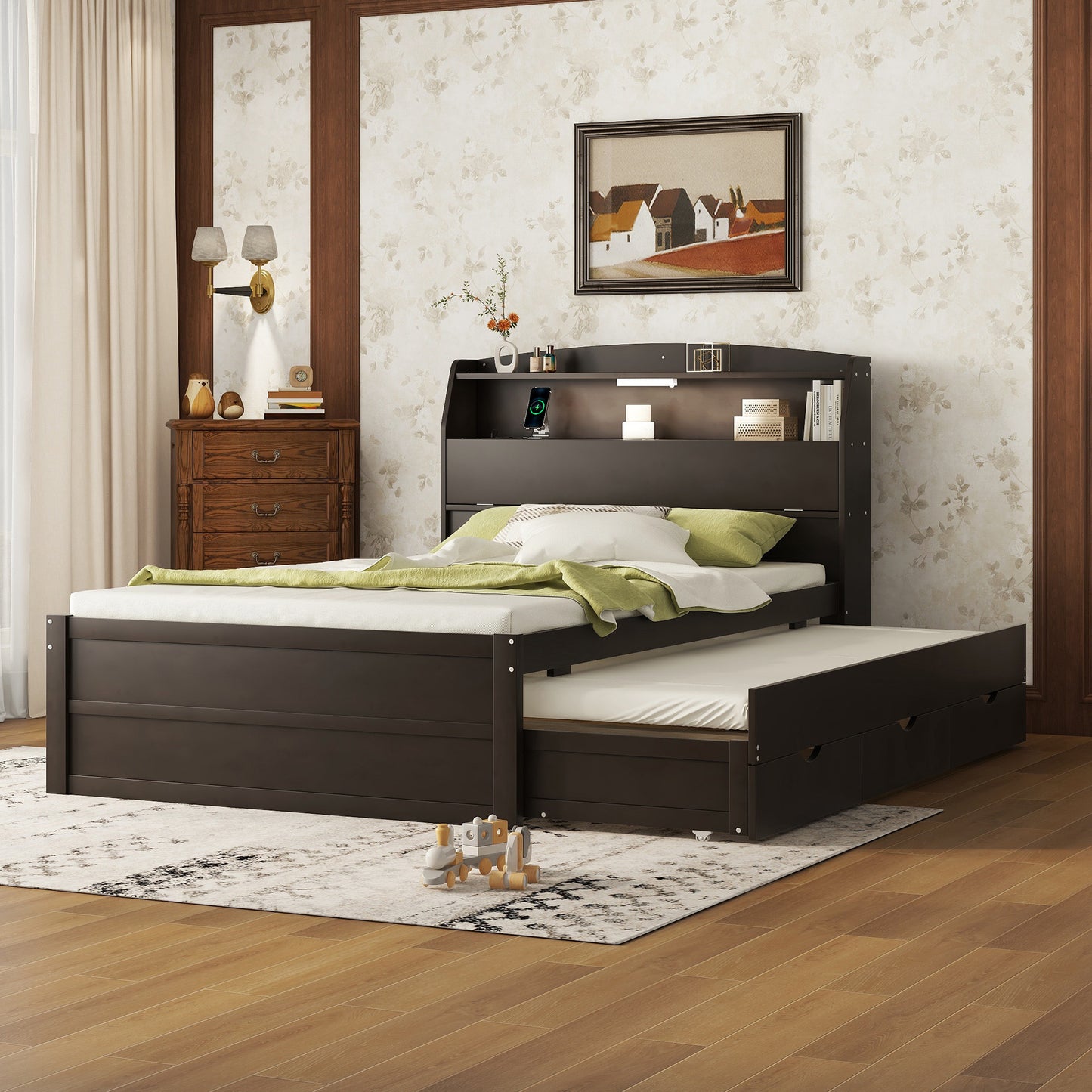 Full Size Wooden LED Platform Bed with Trundle, with Storage Headboard, with Drawers, Brown