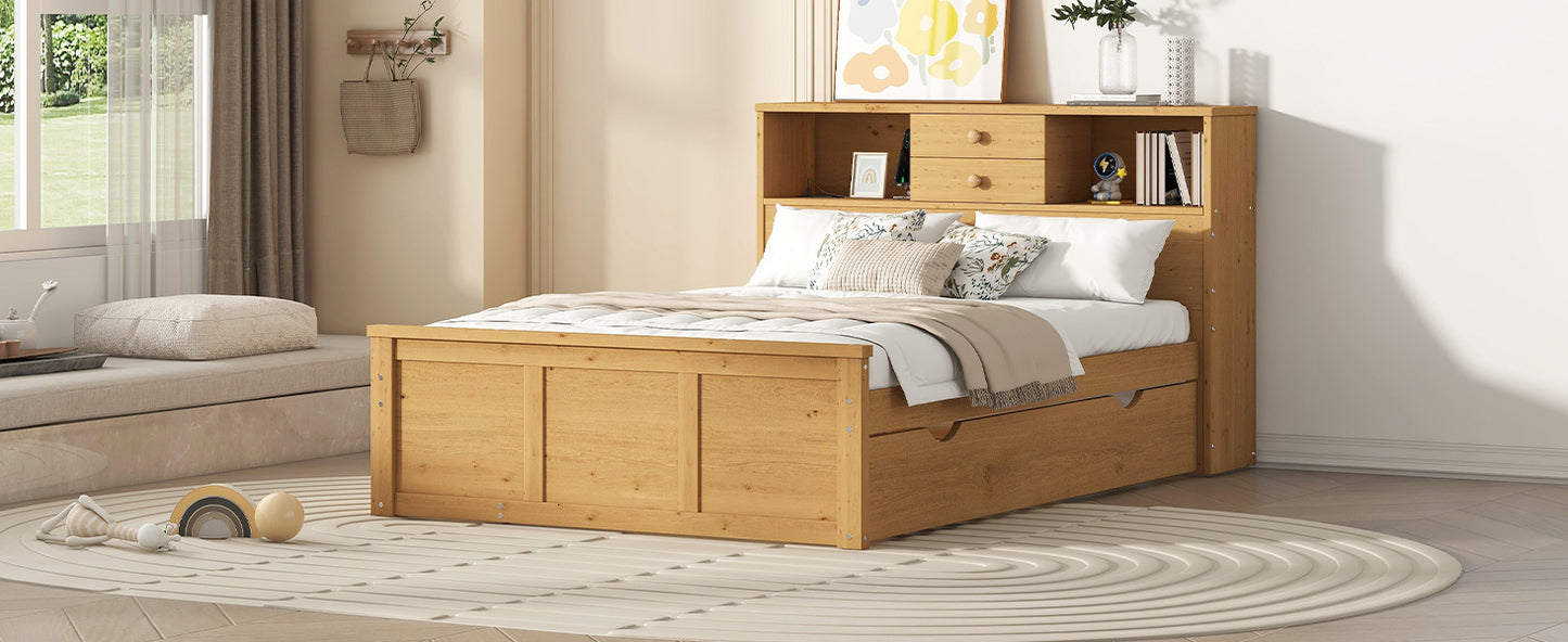 Full Size Wood Pltaform Bed with Twin Size Trundle, 3 Drawers, Upper Shelves and a set of USB Ports & Sockets, Natural