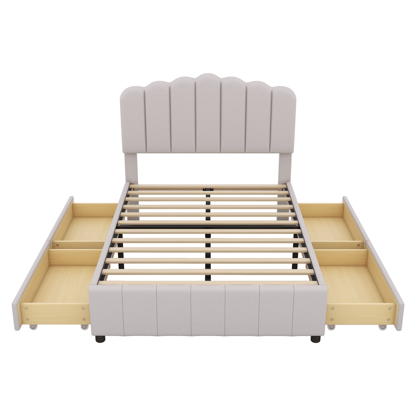 Full Size Upholstered Bed with 4 Storage Drawers,Wood Slat Support, Beige