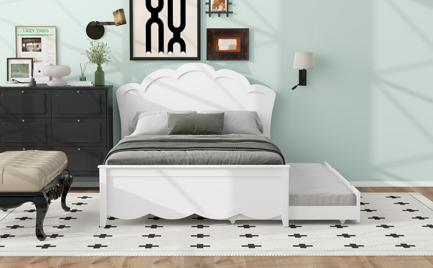 Full Size Wood Platform Bed with Headboard and Twin Size Trundle, White