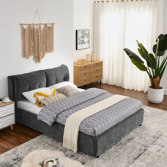 Cama tamaño queen con plataforma hidráulica tapizada, cabecero integrado, tela de chenilla, color gris