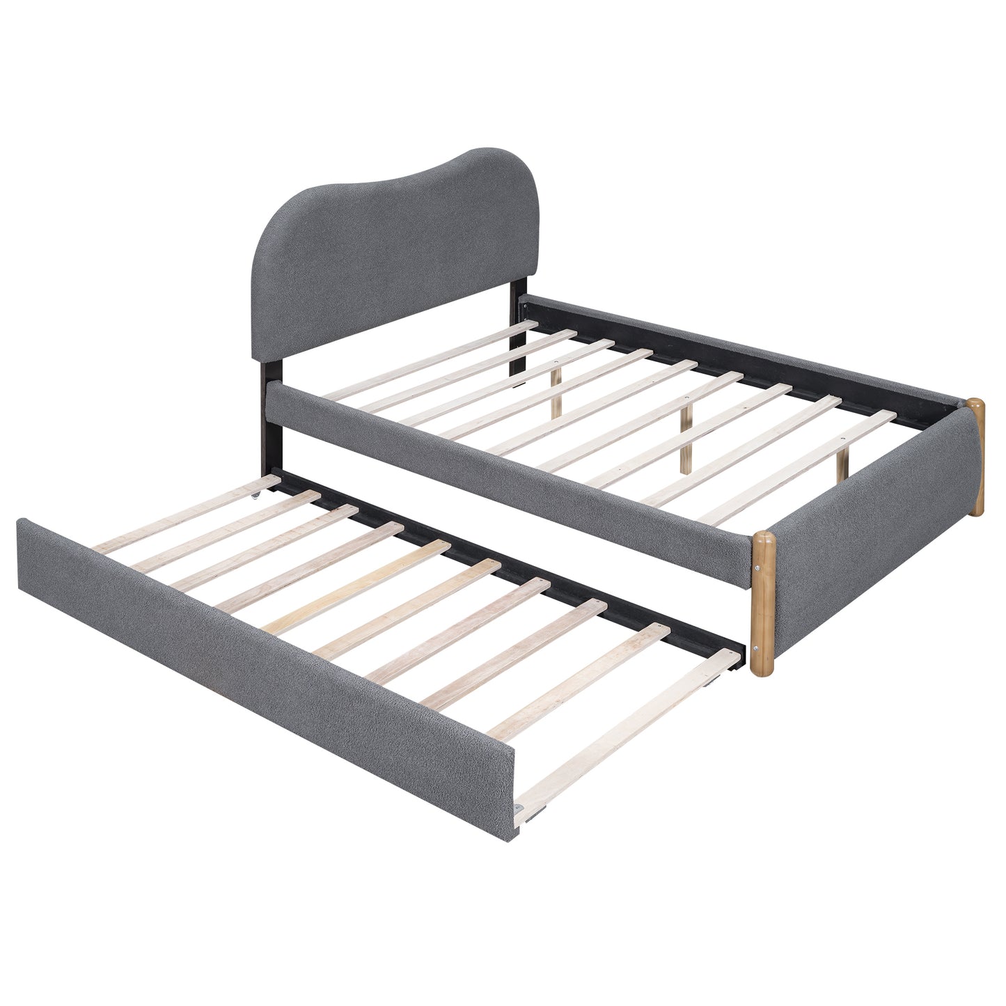 Full Size Upholstered Platform Bed with Wood Supporting Feet and Twin Size Trundle, Gray