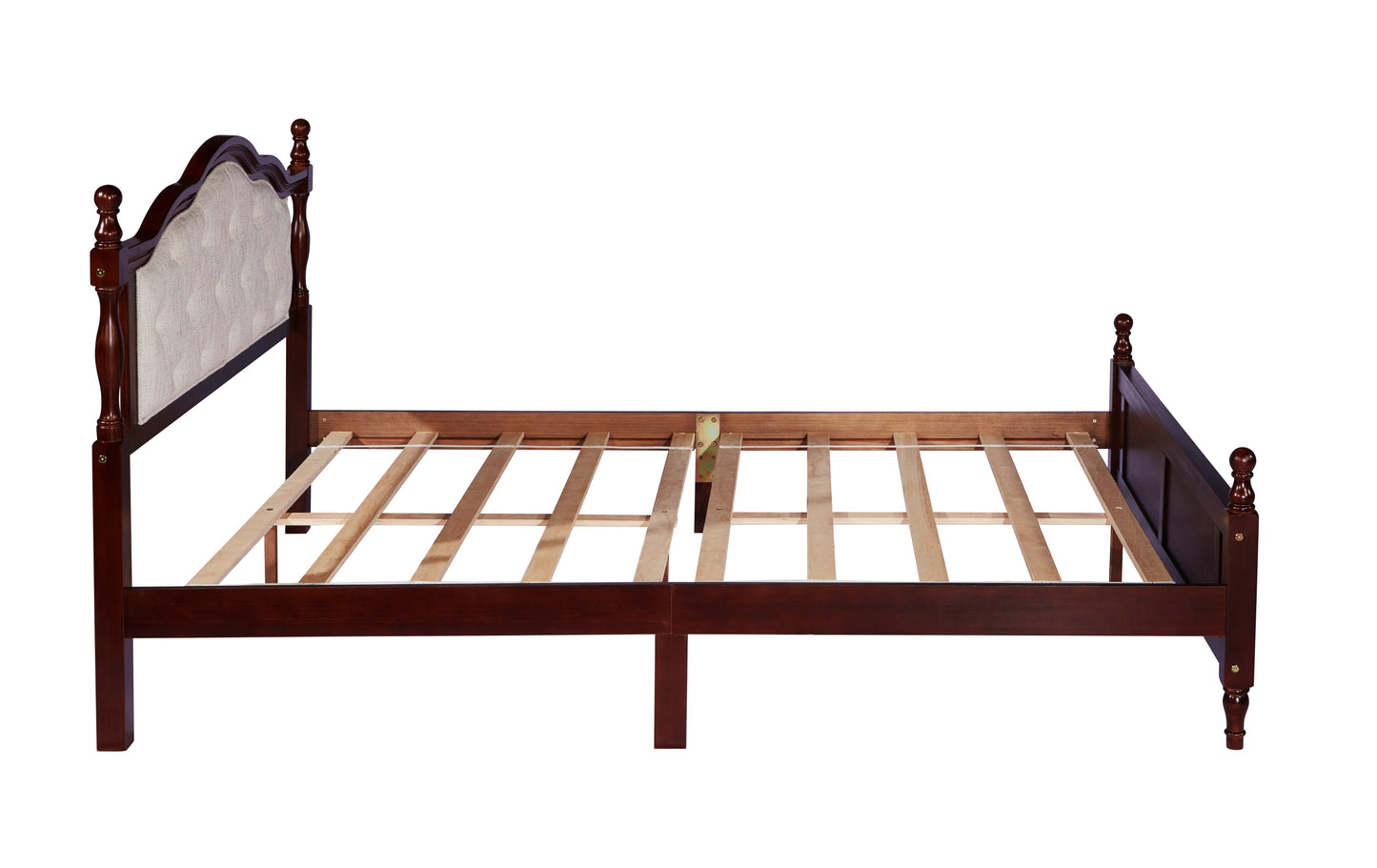 Queen Pine wooden Bed with Upholstered Headboard  and Panel Footboard, with  Two Bed Rail Support Feet and Central Platform Support Feet ,Classic Cherry