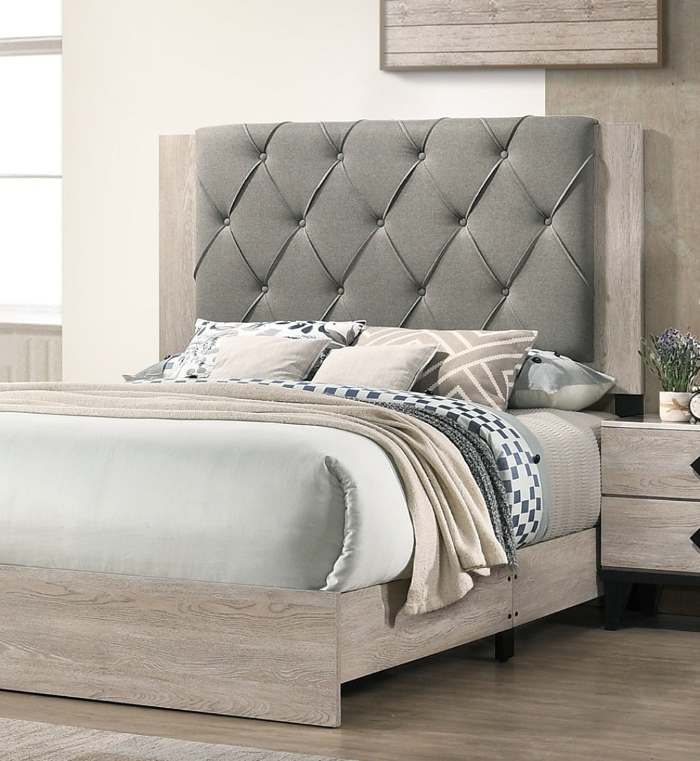 Contemporary 1pc Cream Finish Eastern King Size Bed Bedroom Furniture Gray Tufted Design Headboard Rubberwood 1pc Bedframe