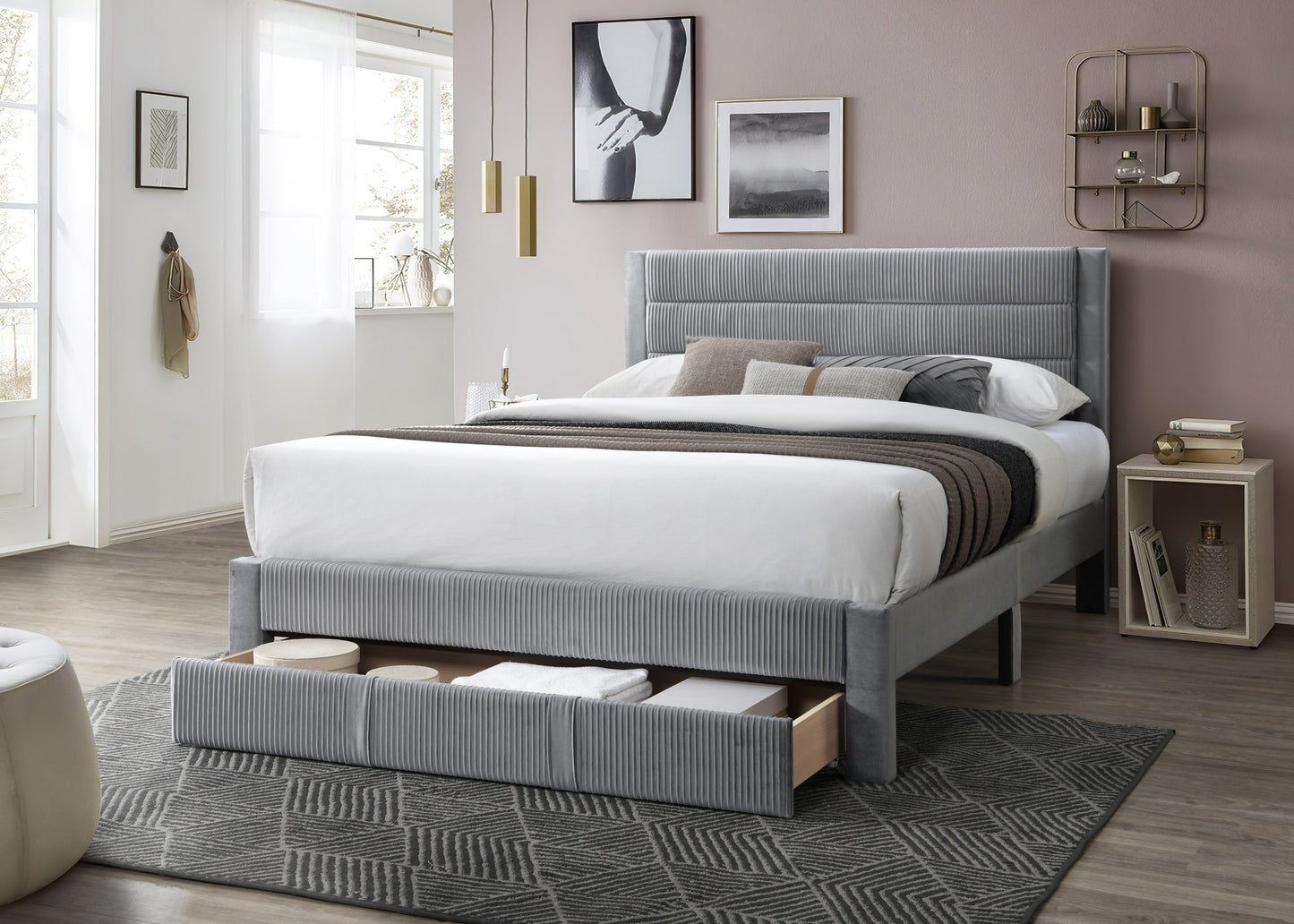 Luxury Contemporary Look 1pc Queen Size Bed w Storage Drawer Gray Corduroy Headboard Bedframe