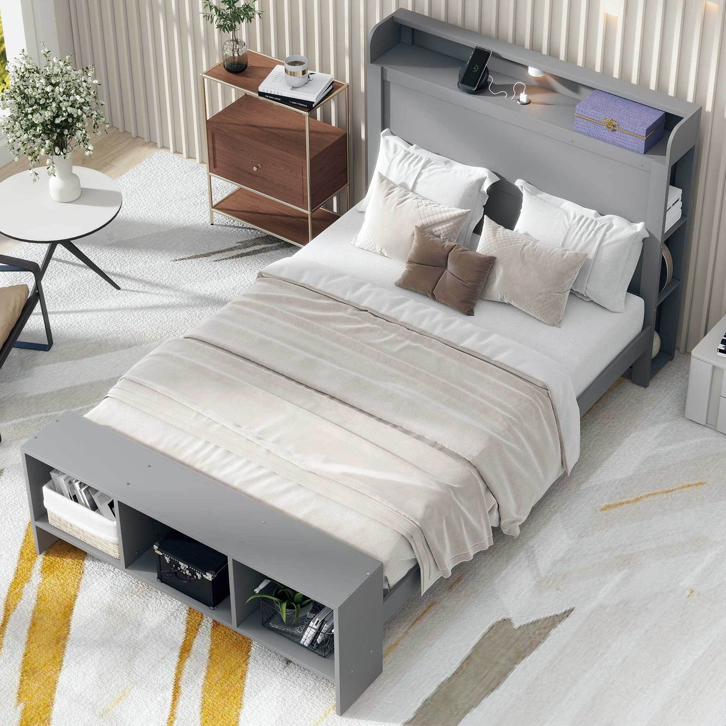 Full Size Platform Bed with built-in shelves, LED Light and USB ports, Gray