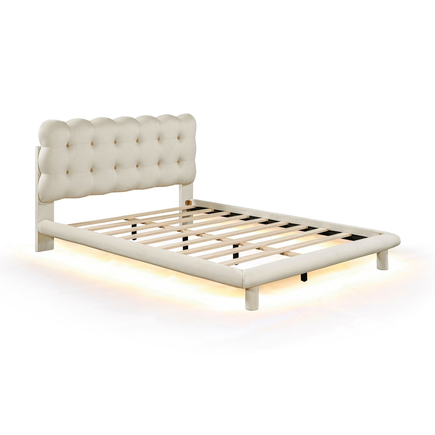 Full Size Velvet Platform Bed with LED Frame, Thick & Soft Fabric and Button-tufted Design Headboard, Beige