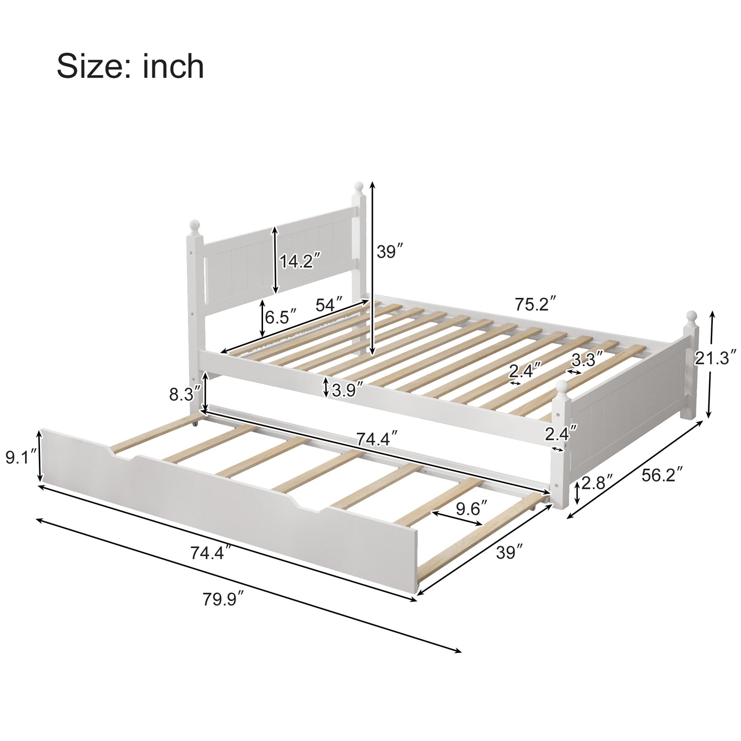 Full Size Solid Wood Platform Bed Frame with trundle for Limited Kids, Teens, Adults, No Need Box Spring, White