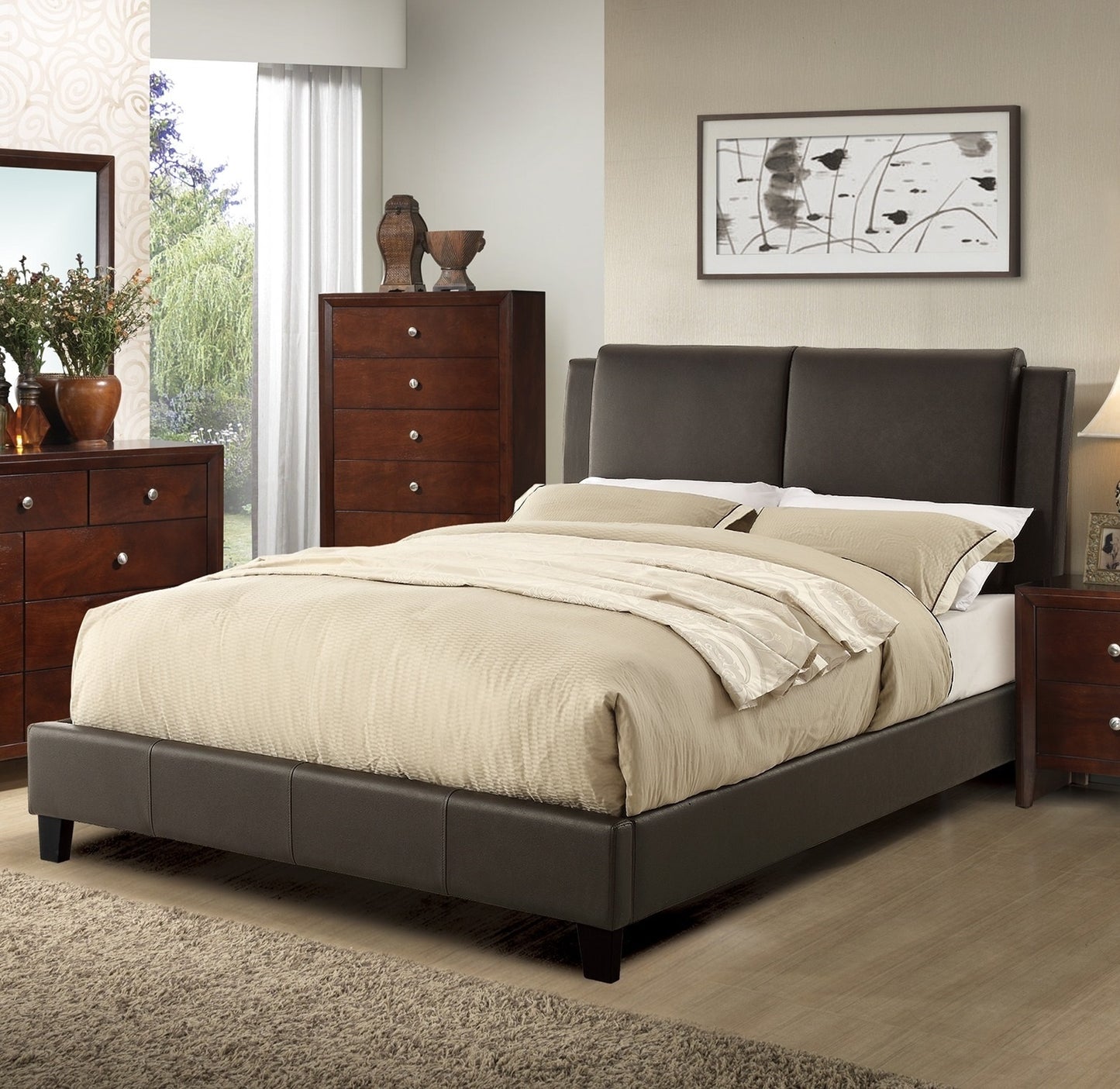 Eastern King Size Bed 1pc  Bed Set Brown Faux Leather Upholstered Two-Panel Bed Frame Headboard Bedroom Furniture