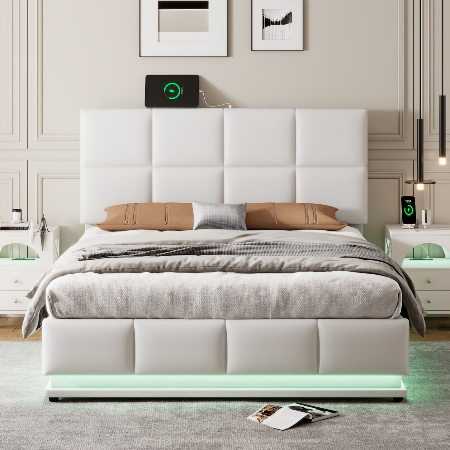 Full Size Tufted Upholstered Platform Bed with Hydraulic Storage System,PU Storage Bed with LED Lights and USB charger, White