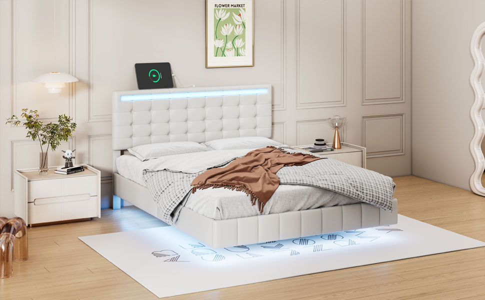 Full Size Floating Bed Frame with LED Lights and USB Charging,Modern Upholstered Platform LED Bed Frame,White(Full)