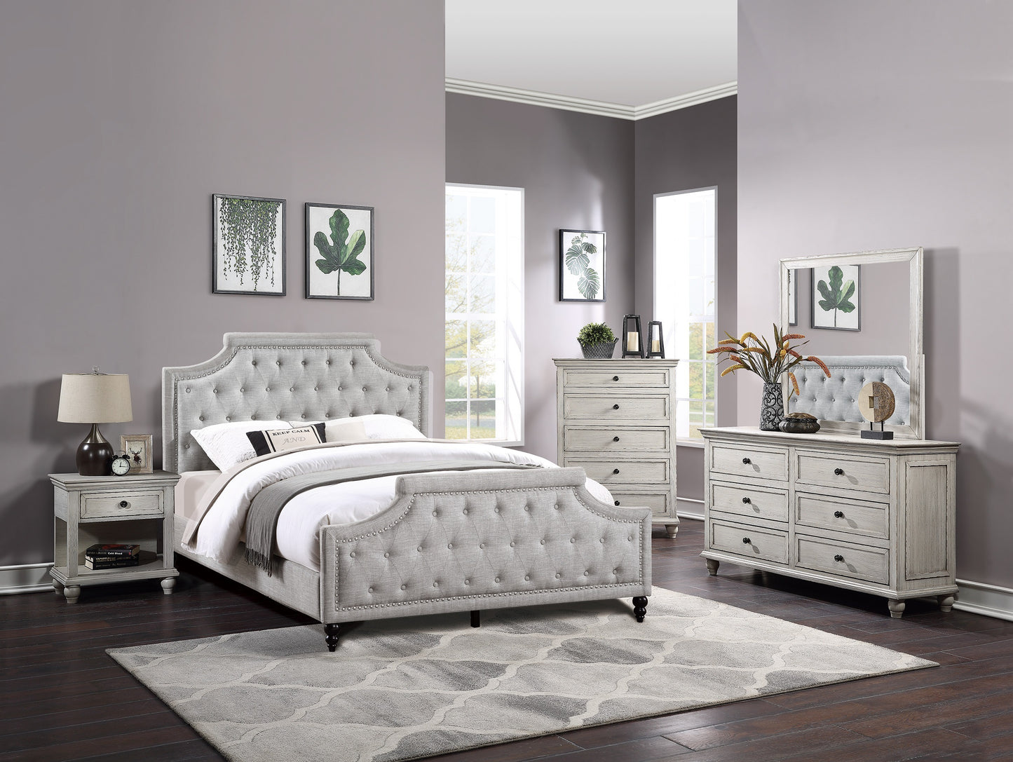 Grey Polyfiber American Traditional 1pcs Queen Size Bed Only Button Tufted Headbaord Footboard Bedroom Furniture