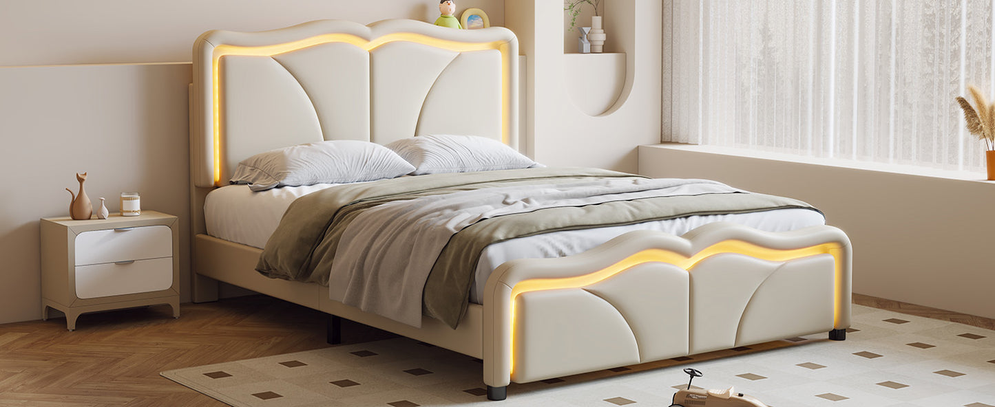 Full Size Upholstered Platform Bed with Curve Shaped and Height-adjustbale Headboard,LED Light Strips,White