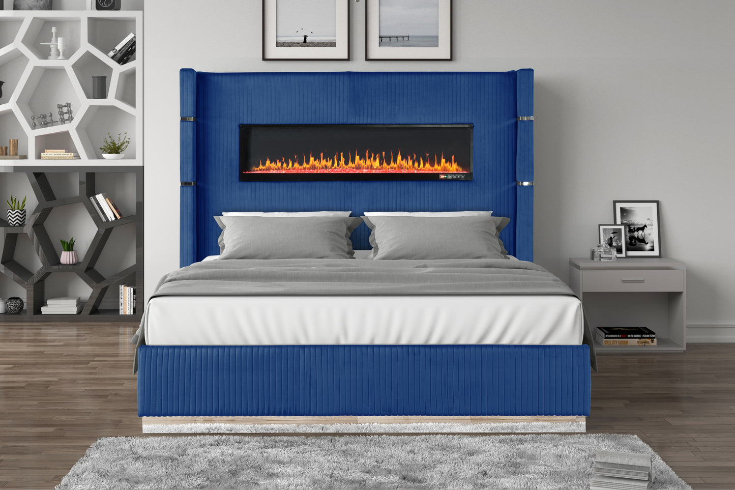 Modern Style Upholstery Queen 5 Piece(Includes: Queen Size Bed, Nightstand , Chest, Dresser, and Mirror) Fireplace Bedroom Set made with wood in Blue