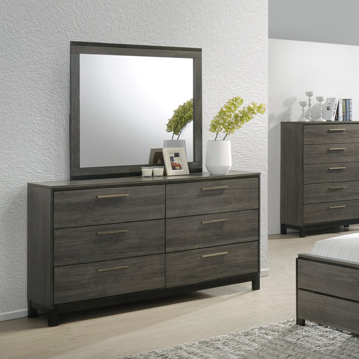 Ioana Antique Grey Wood 5-piece King Size Bedroom Set, Dresser, Mirror, 2 Night Stands