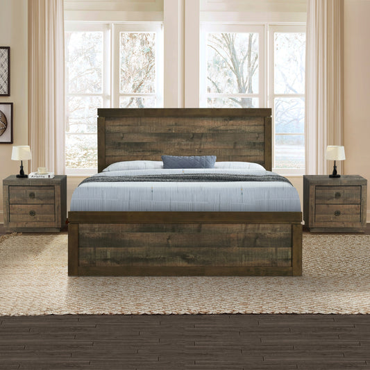 3 Pieces Vintage Farmhouse Style Queen Size Platform Bed with 10 Wooden Slats Support + 2 Nightstands, No Box Spring Needed, Rustic Brown