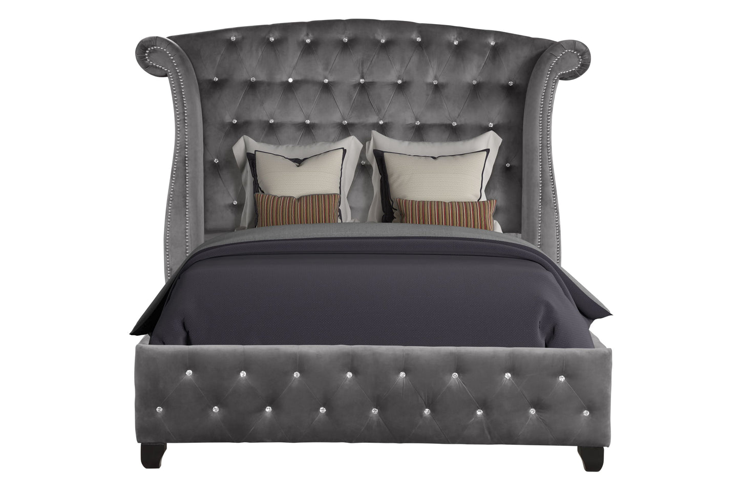 Modern Style Crystal Tufted Queen 4 Piece(Includes: Queen Size Bed, Nightstand, Dresser, and Mirror) Velvet Fabric Upholstery Bedroom Set Made with Wood in Gray