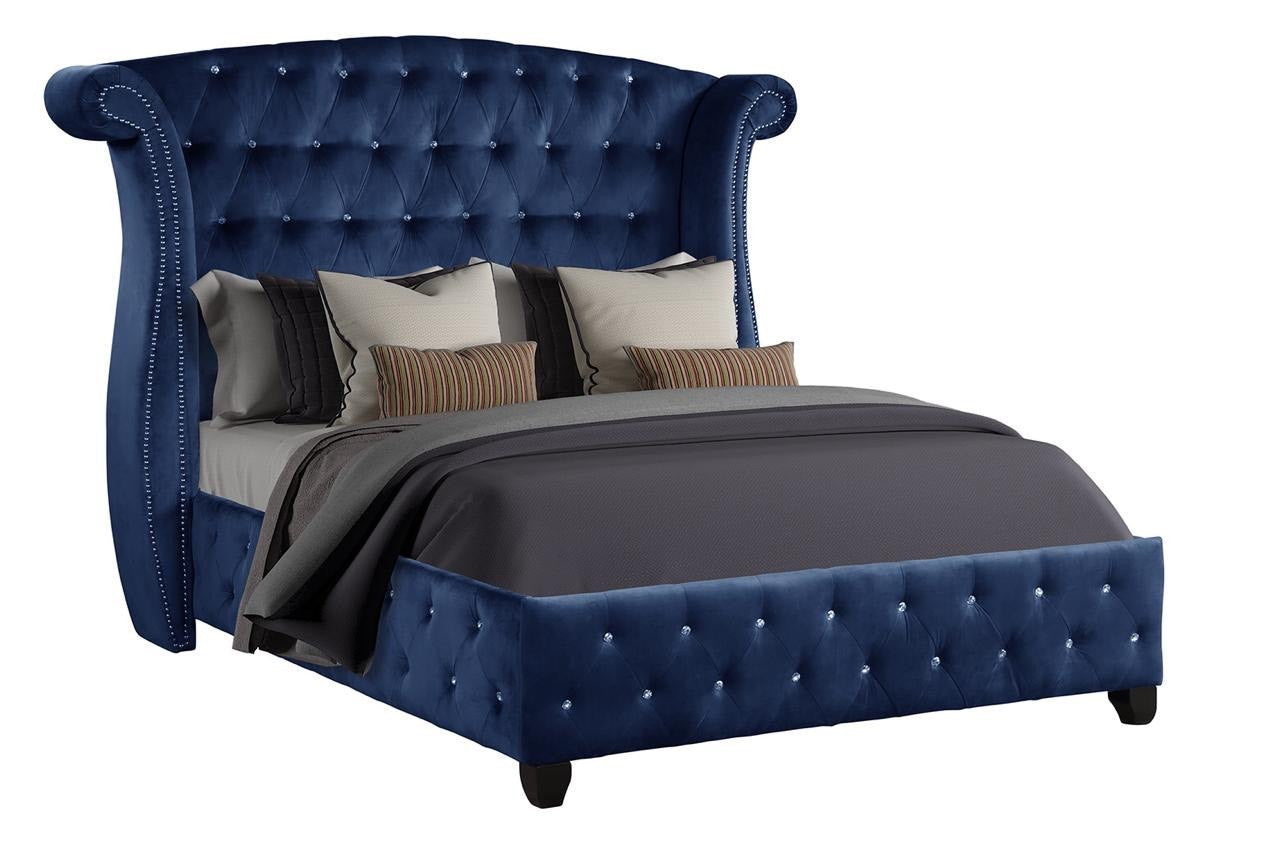 Modern Style Crystal Tufted Full 4 Piece(Includes: Full Size Bed, Nightstand, Dresser, and Mirror) Velvet Fabric Upholstery Bedroom Set Made with Wood in Blue