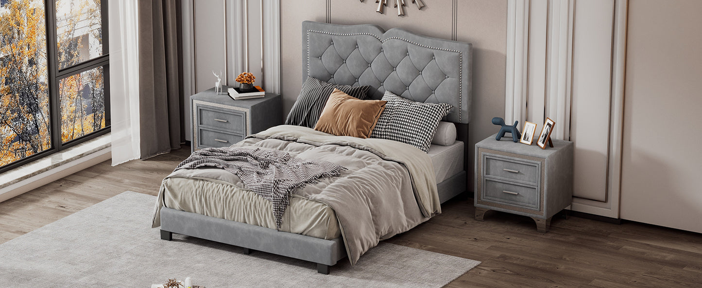 Full Size Upholstered Bed Frame with Rivet Design, Modern Velvet Platform Bed with Tufted Headboard,Gray