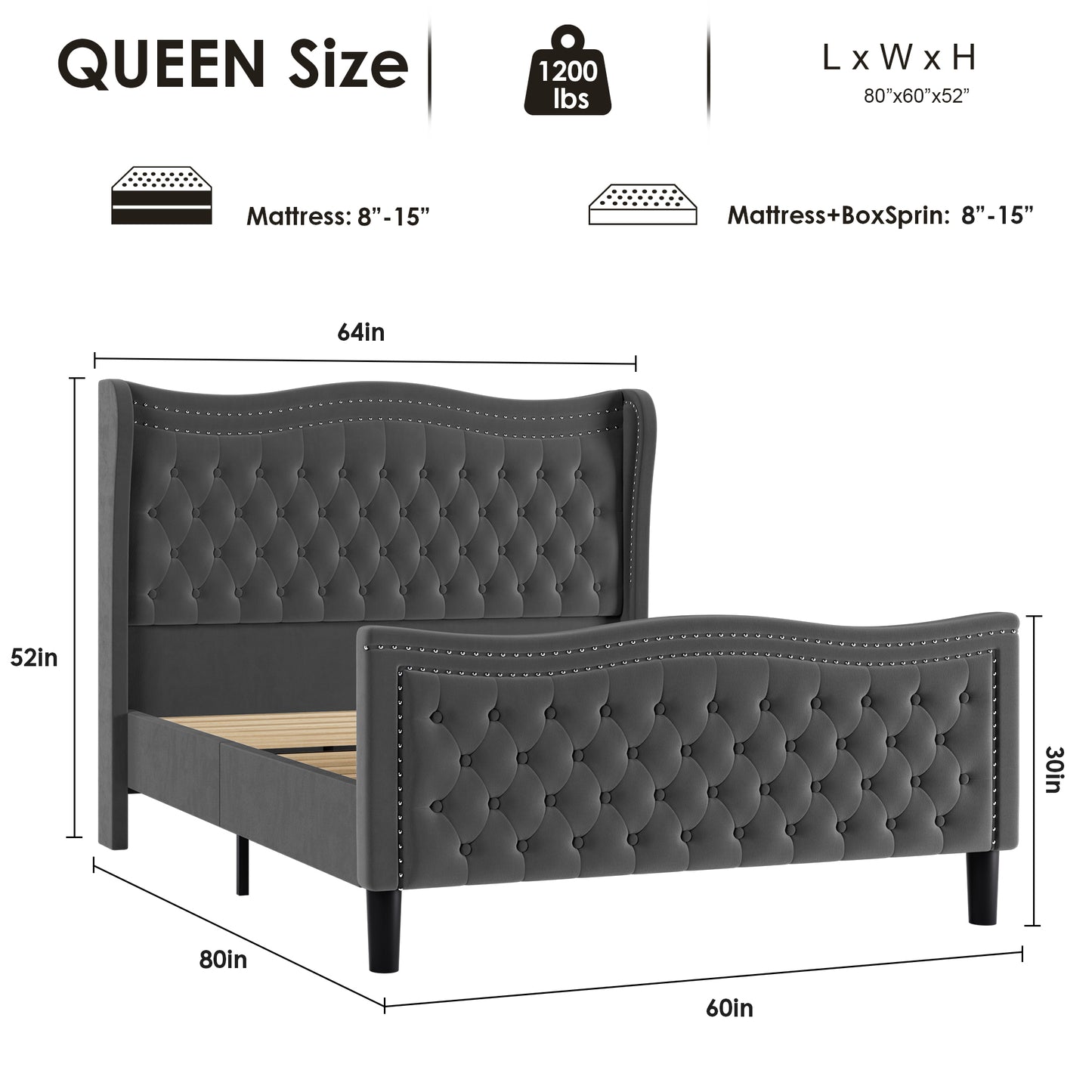 LIFT UP VELVET GRAY  QUEEN SIZE BED