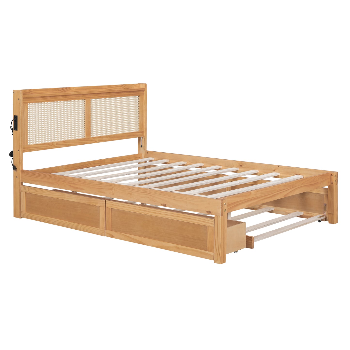 Full Size Elegant Bed Frame with Rattan Headboard and Sockets ,Natural