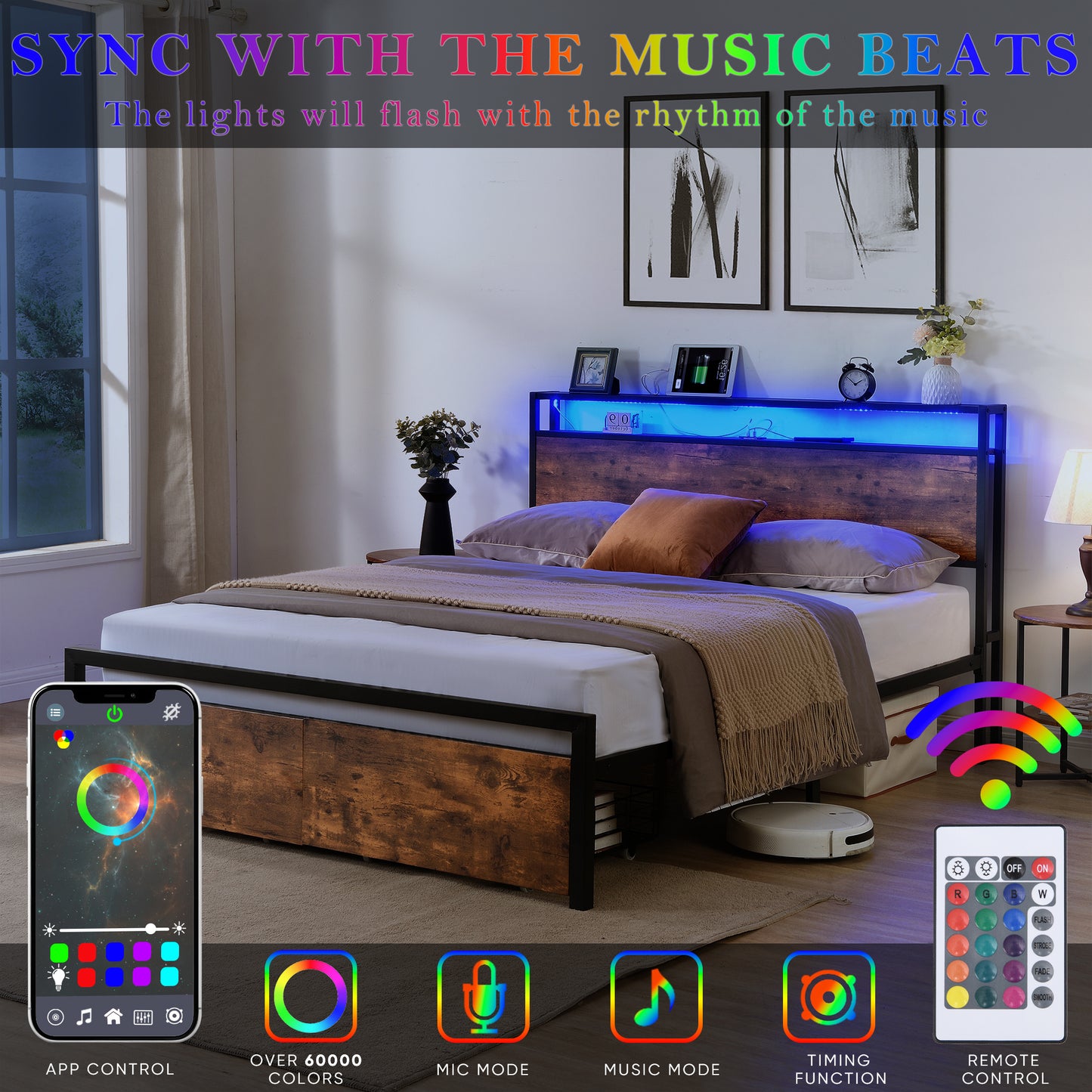 Queen Size Bed Frame with Storage Headboard and 2 Drawers, LED Lights Bed with Charging Station, Metal Platform Bed No Noise, Mattress Foundation Strong Metal Slats Support No Box Spring Needed