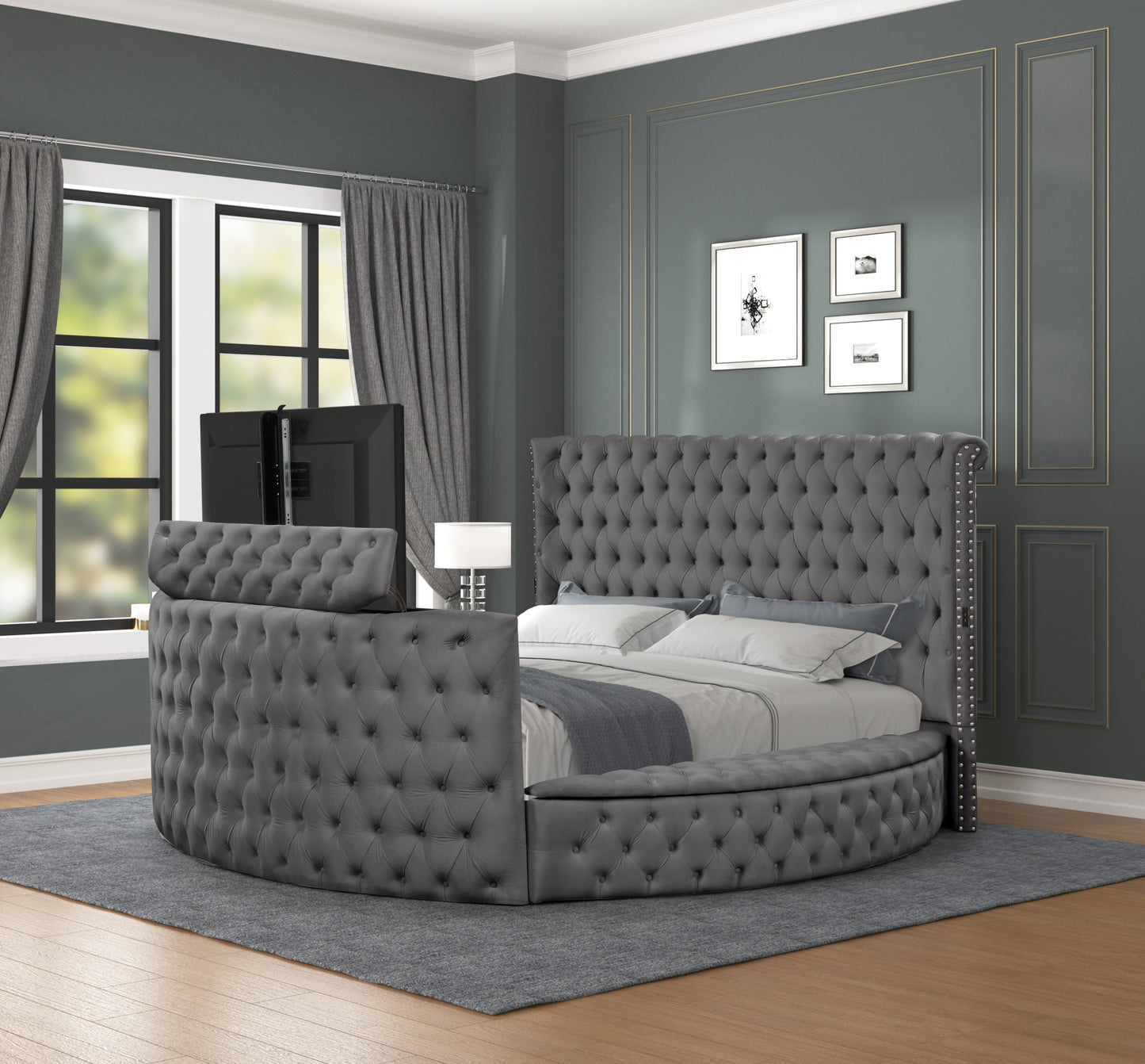 Ensemble de chambre à coucher King 4 pièces de style moderne avec lit capitonné en cristal Fabriqué en bois en gris