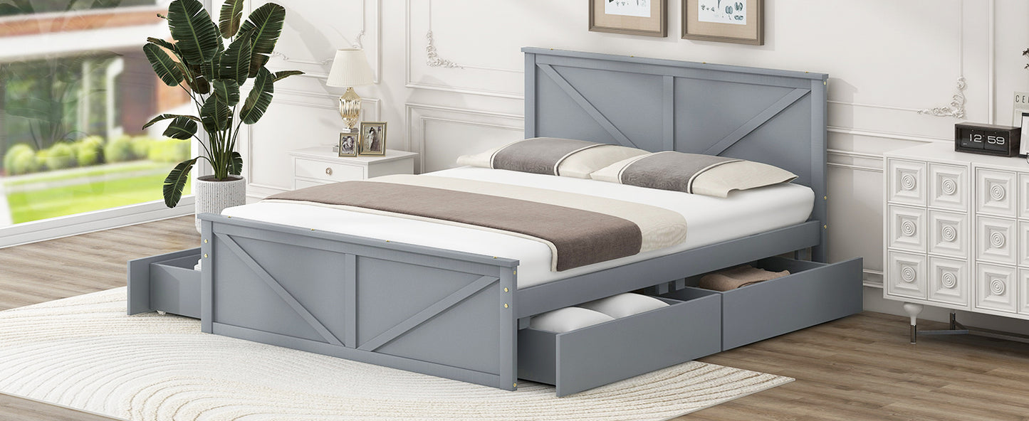 Queen Size Wooden Platform Bed with Four Storage Drawers and Support Legs, Gray