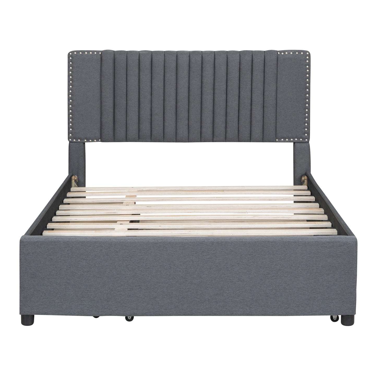 Full Size Upholstered Platform Bed with 2 Drawers and 1 Twin Size Trundle, Classic Headboard Design, Gray