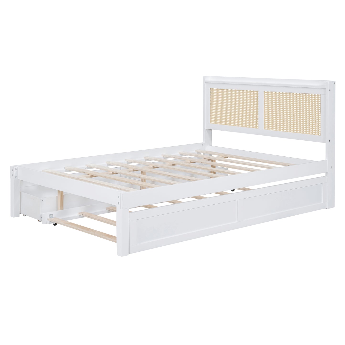 Full Size Elegant Bed Frame with Rattan Headboard and Sockets ,White