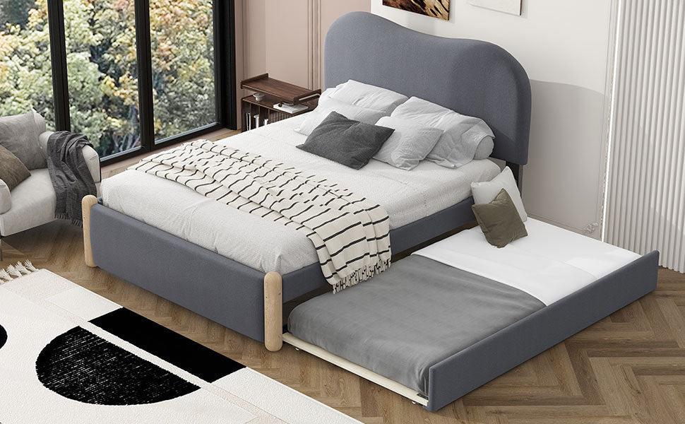 Full Size Upholstered Platform Bed with Wood Supporting Feet and Twin Size Trundle, Gray