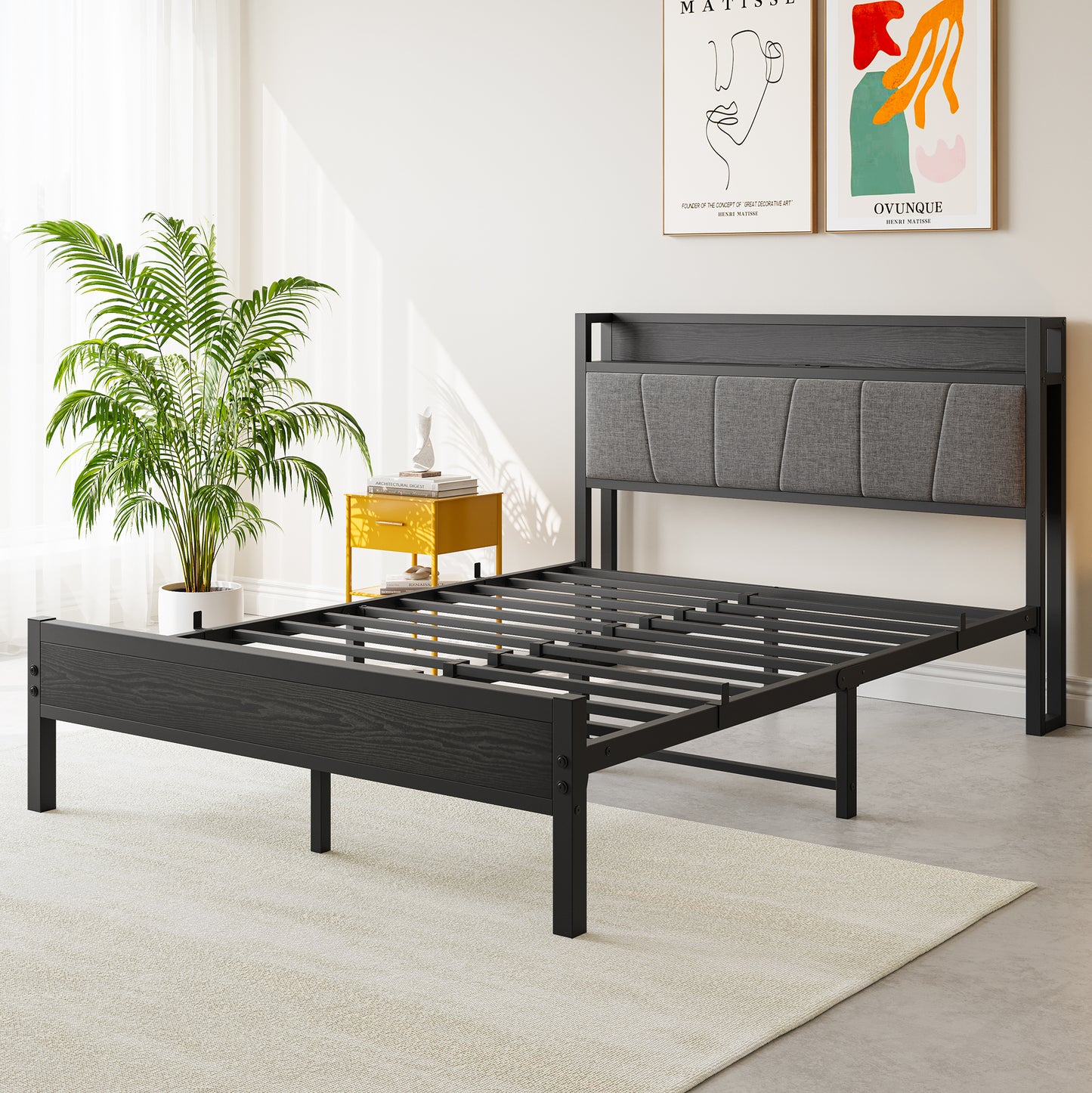 Full Size Bed Frame, Storage Headboard with Charging Station, Solid and Stable, Noise Free, No Box Spring Needed, Easy Assembly