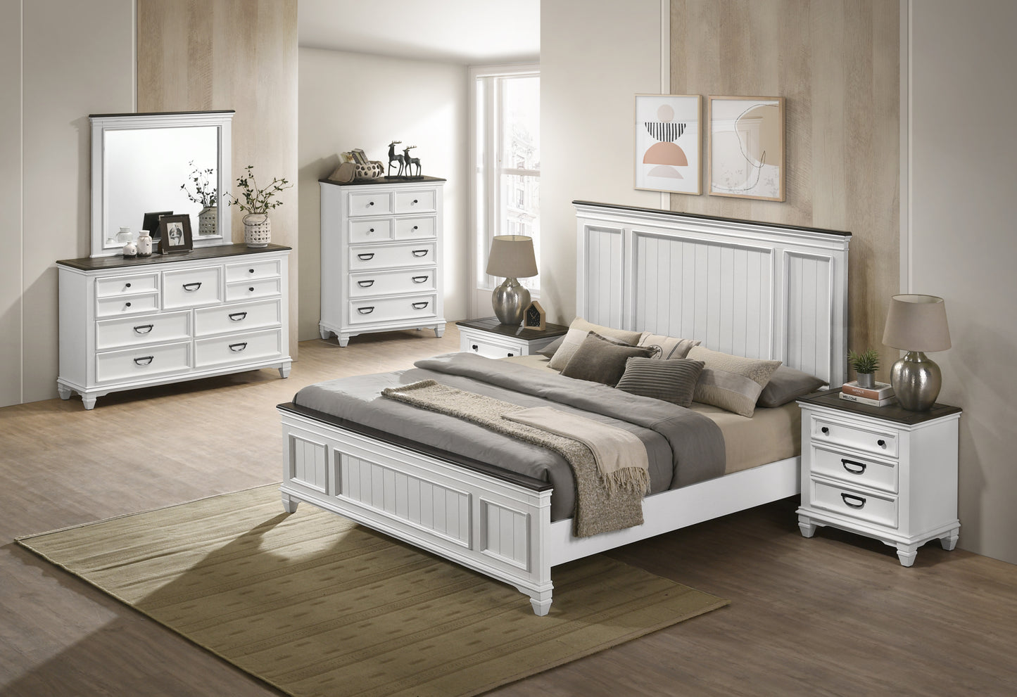 Clelane Wood Bedroom 6 piece Set with Shiplap Panel King Bed, Dresser, Mirror, Two Nightstands, and Chest