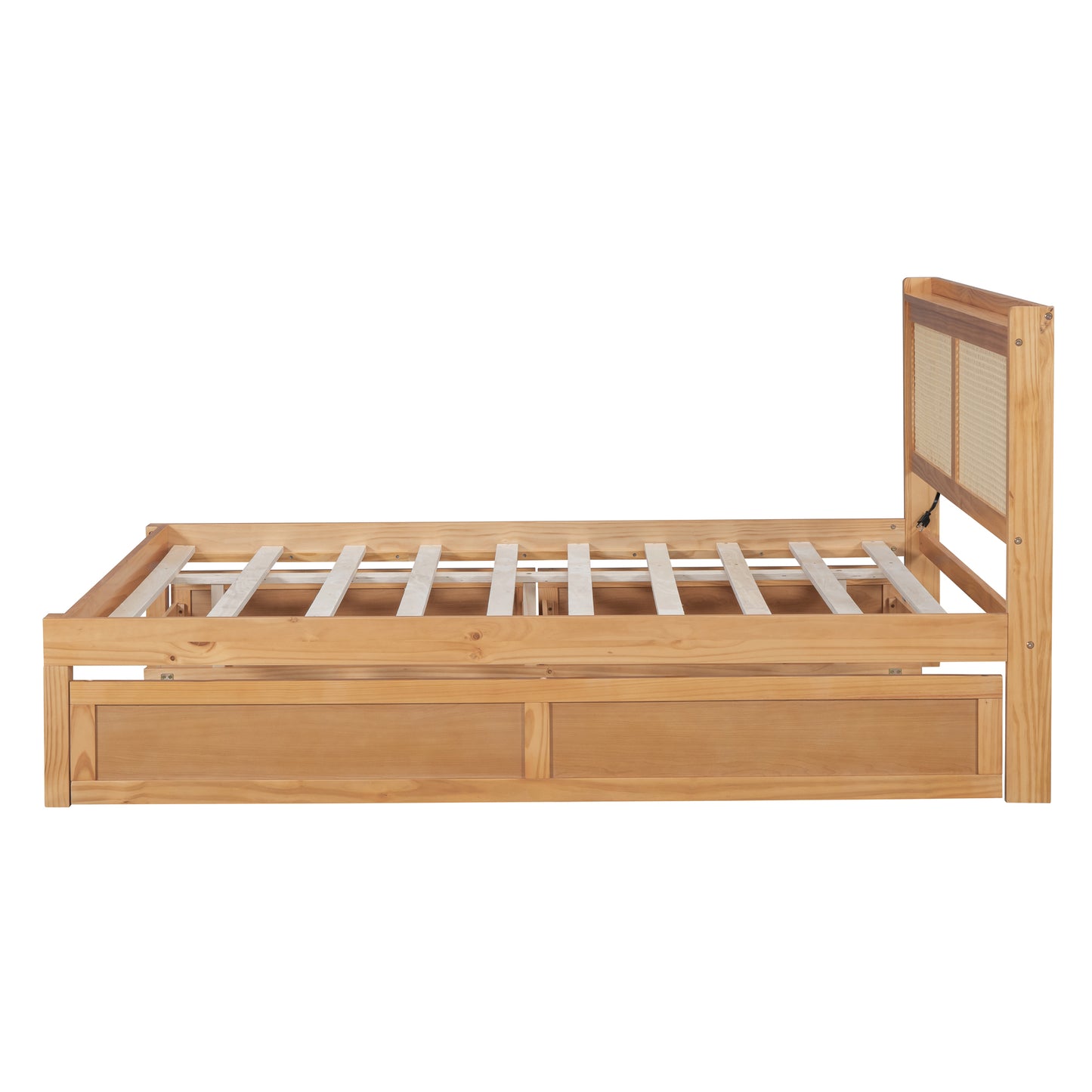 Full Size Elegant Bed Frame with Rattan Headboard and Sockets ,Natural