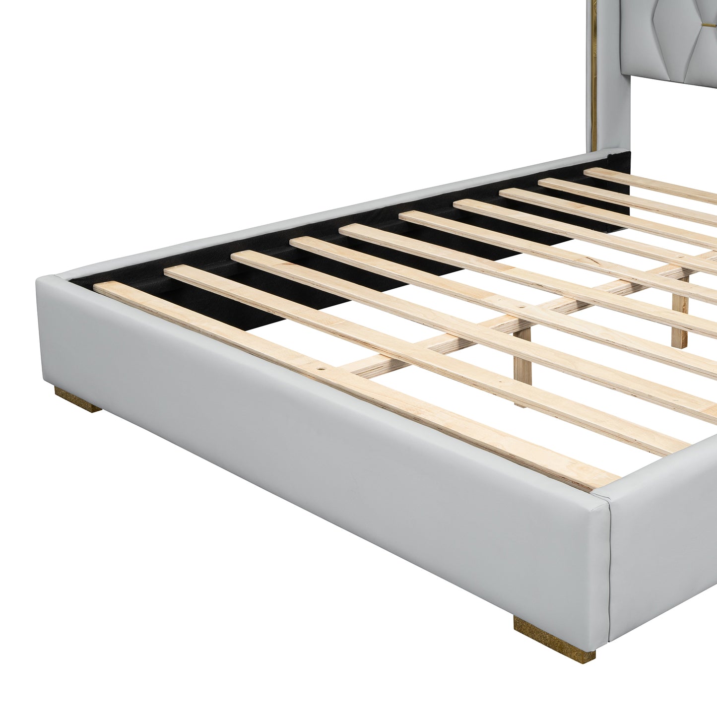 Queen Size Upholstered Platform Bed with Metal Strips, Off-white