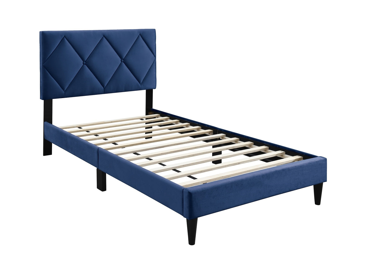 Full Size Bed w Adjustable Headboard 1pc Bedframe, Navy Blue Velvet Upholstered Youth Bedroom Furniture