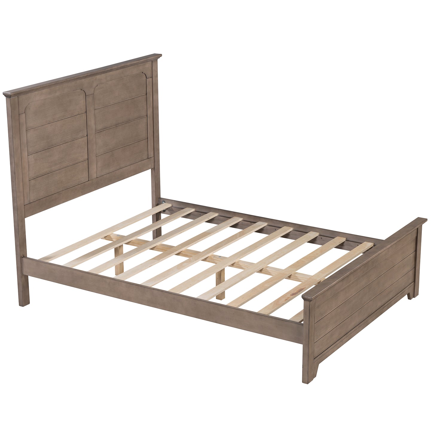 Farmhouse Wooden Platform Full Size Bed with Panel Design Headboard and Footboard for Teenager, Ash Brown