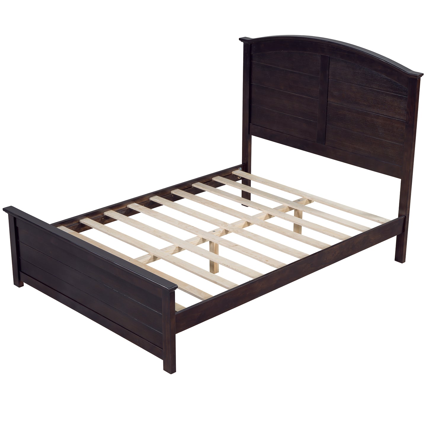 Farmhouse Wooden Platform Full Size Bed with Curl Design Headboard and Footboard for Teenager, Espresso