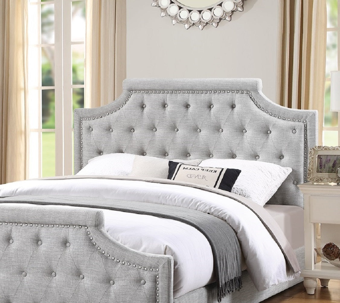 Grey Polyfiber American Traditional 1pcs Queen Size Bed Only Button Tufted Headbaord Footboard Bedroom Furniture