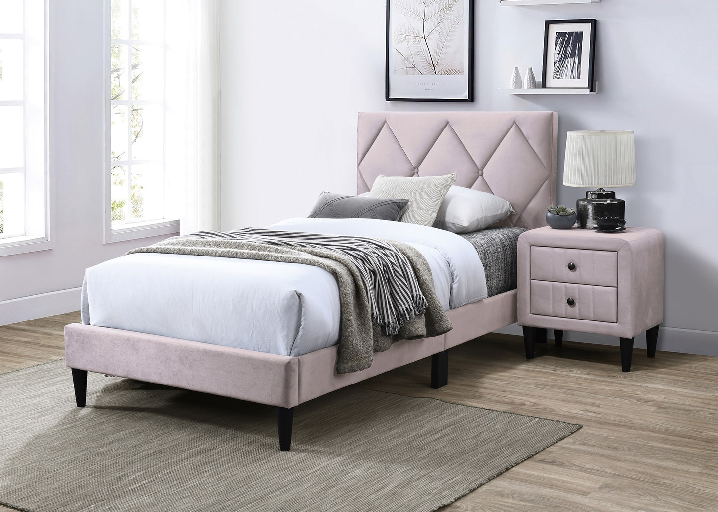 Full Size Bed w Adjustable Headboard 1pc Bedframe, Light Pink Velvet Upholstered Youth Bedroom Furniture