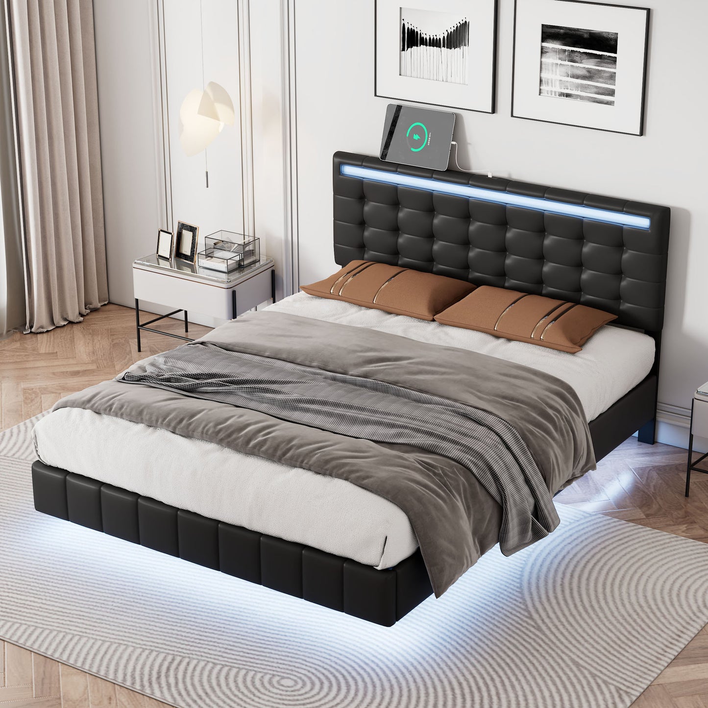 Full Size Floating Bed Frame with LED Lights and USB Charging,Modern Upholstered Platform LED Bed Frame,Black(Full)