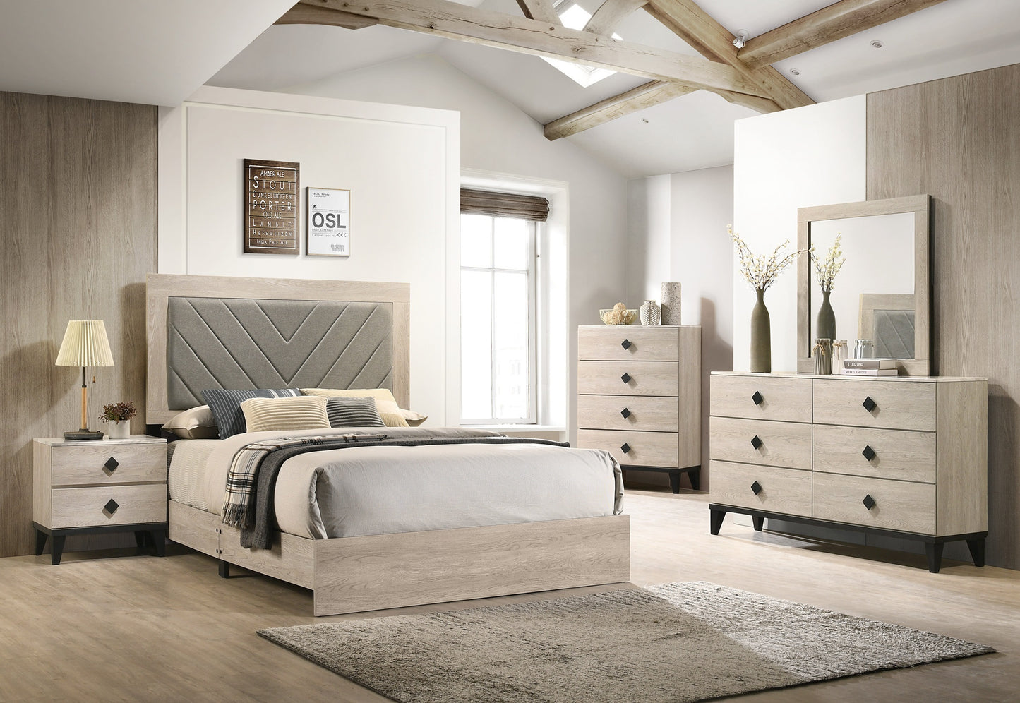 Contemporary 1pc Cream Finish Eastern King Size Bed Bedroom Furniture Gray V-Design Headboard Rubberwood 1pc Bedframe