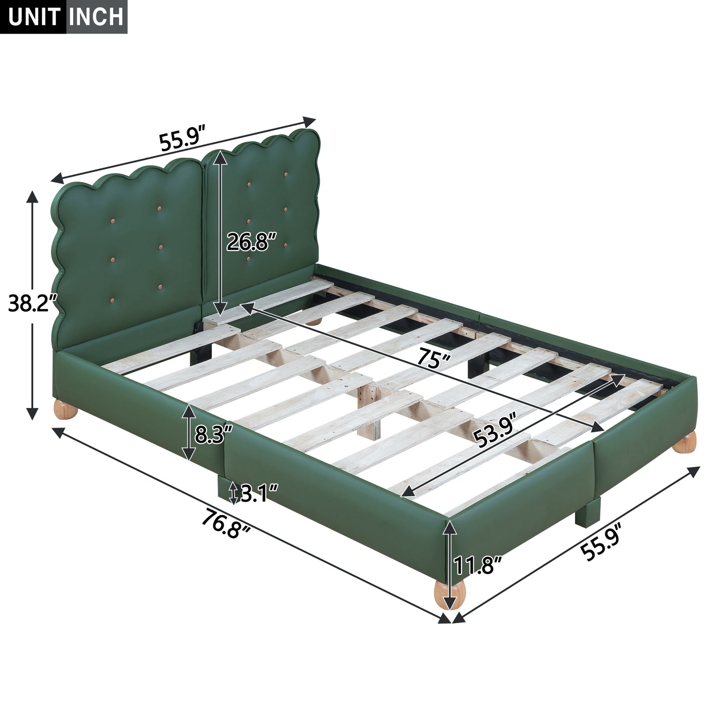 Lit plateforme rembourré pleine grandeur avec pieds de support, vert