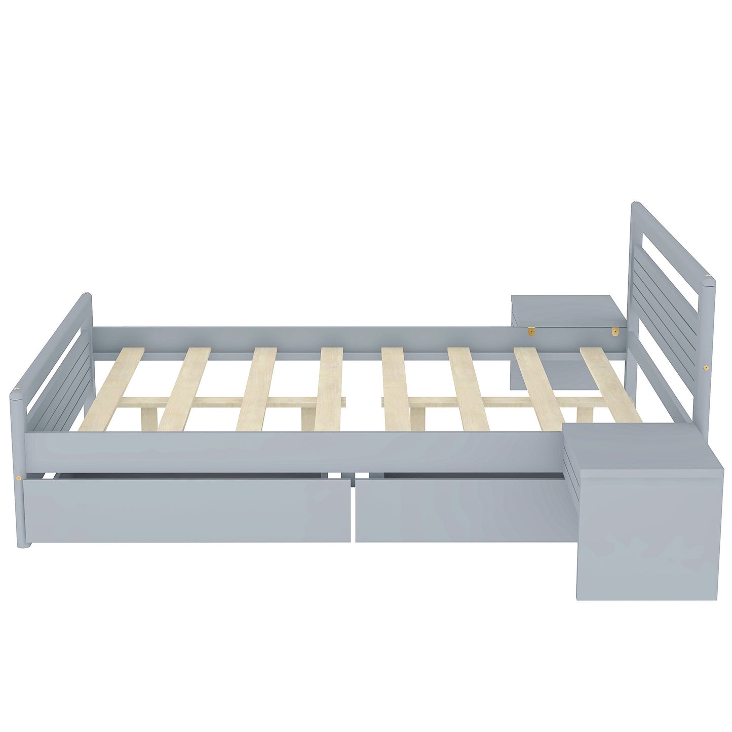 Lit plateforme en bois pleine grandeur avec 2 tiroirs de rangement et 2 tables de chevet, gris