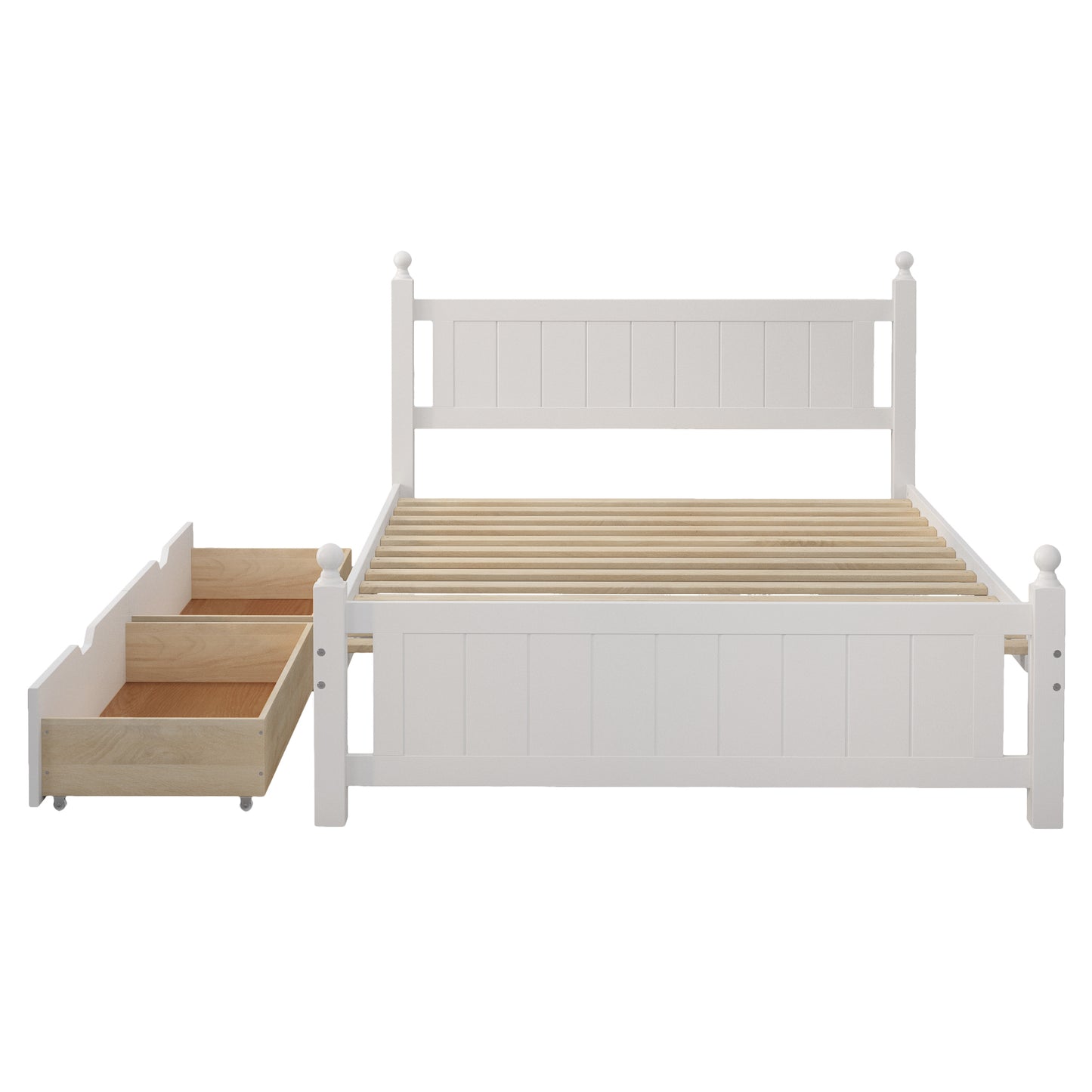 Full Size Solid Wood Platform Bed Frame with 2 drawers for Limited Space Kids, Teens, Adults, No Need Box Spring, White