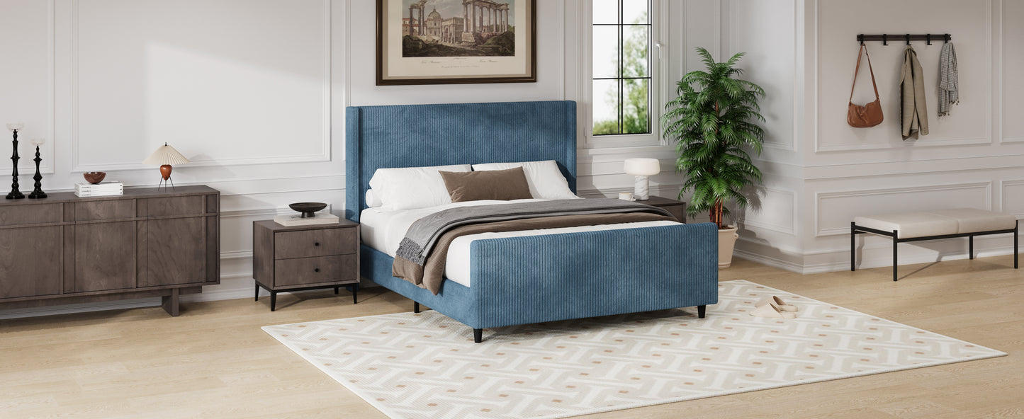 50.7'' High Headboard Corduroy Upholstered Bed Frame with Vertical Stripe Wingback and High Footboard No Box Spring Needed, Queen Size, Blue